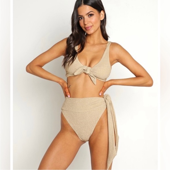 NWT Beach Riot Grace Halter Tie Bikini Top | Gold Shimmer - Picture 5 of 12